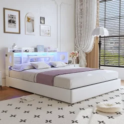 ProximaX Lit coffre en cuir PU 140x200 cm blanc avec tête de lit lumineuse, rangement à vérins, ports USB et USB-C, design moderne Online