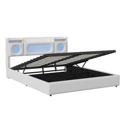 ProximaX Lit coffre en cuir PU 140x200 cm blanc avec tête de lit lumineuse, rangement à vérins, ports USB et USB-C, design moderne Online