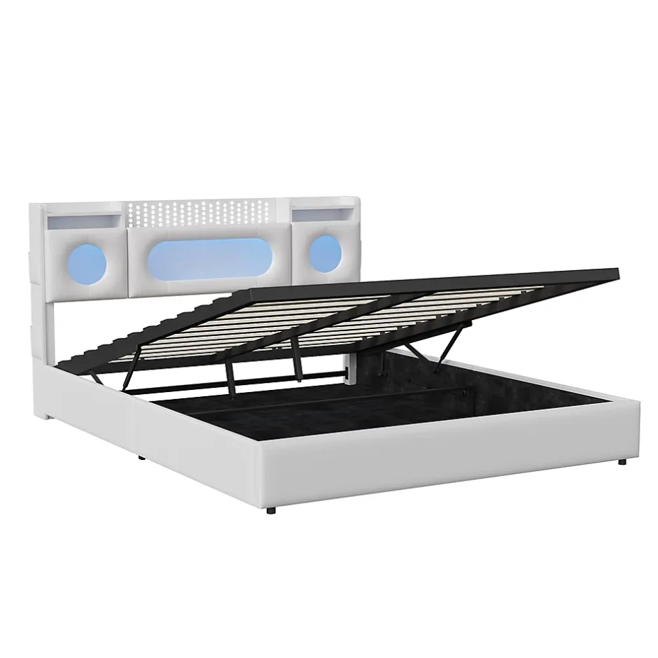 ProximaX Lit coffre en cuir PU 140x200 cm blanc avec tête de lit lumineuse, rangement à vérins, ports USB et USB-C, design moderne Online