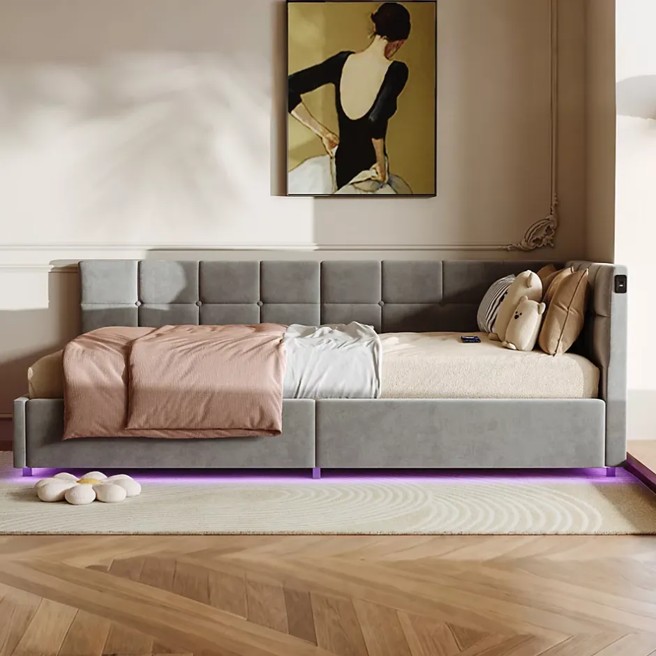 Fortuna lai Lit Coffre Enfant 90x200cm Avec Coffre Hydraulique,éclairage LED Et USB,avec Sommier à Lattes,gris New