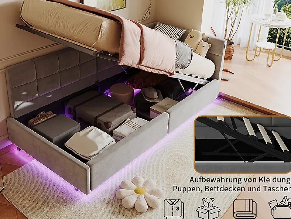 Fortuna lai Lit Coffre Enfant 90x200cm Avec Coffre Hydraulique,éclairage LED Et USB,avec Sommier à Lattes,gris New