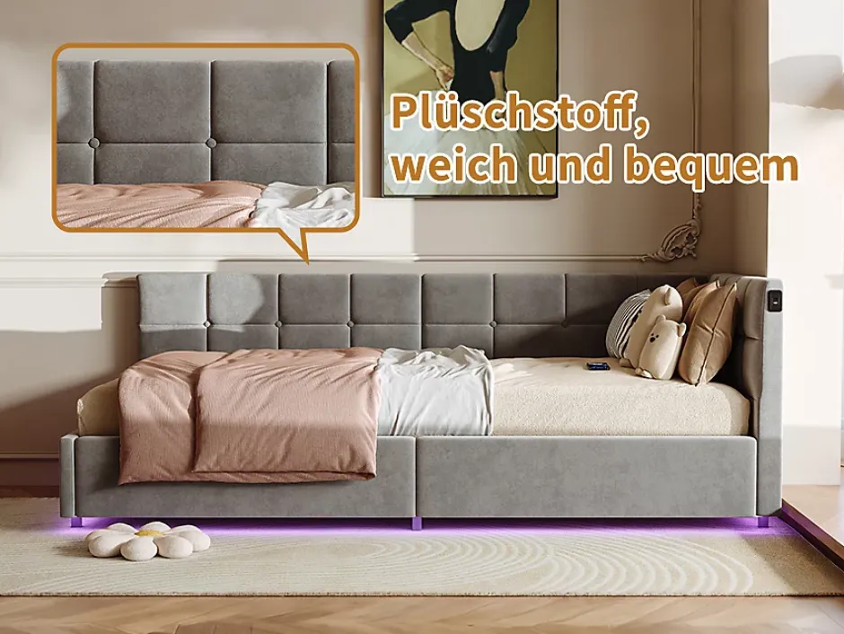 Fortuna lai Lit Coffre Enfant 90x200cm Avec Coffre Hydraulique,éclairage LED Et USB,avec Sommier à Lattes,gris New
