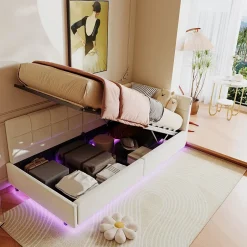 Fortuna lai Lit Coffre Enfant 90x200cm Avec Coffre Hydraulique,éclairage LED Et USB,avec Sommier à Lattes,beige Discount