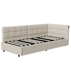Fortuna lai Lit Coffre Enfant 90x200cm Avec Coffre Hydraulique,éclairage LED Et USB,avec Sommier à Lattes,beige Discount