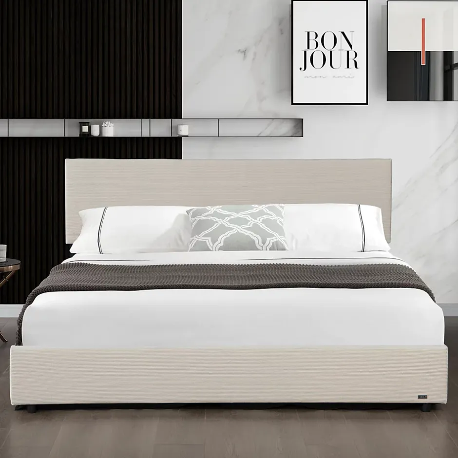 Corium Lit coffre Juva rembourré avec velours côtelé 160 x 200 cm beige Outlet