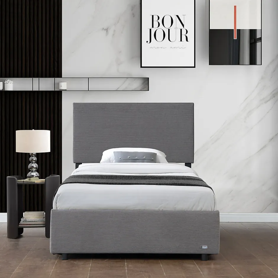 Corium Lit coffre Juva rembourré avec velours côtelé 90 x 200 cm gris