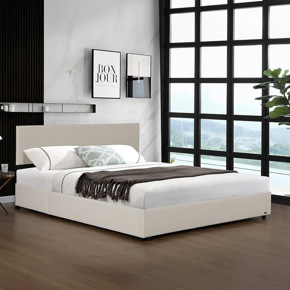 Corium Lit coffre Juva rembourré avec velours côtelé 140 x 200 cm beige