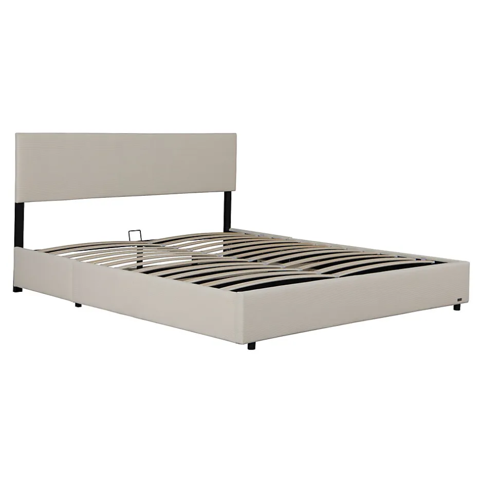 Corium Lit coffre Juva rembourré avec velours côtelé 140 x 200 cm beige
