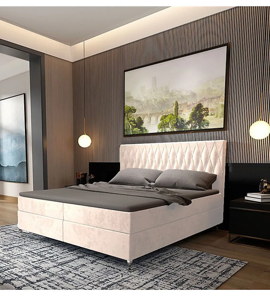 Pro Et Discount Lit Coffre KINGSTON 160x200 cm Velours Beige avec Tete de Lit Matelas Inclus et Rangement Integre
