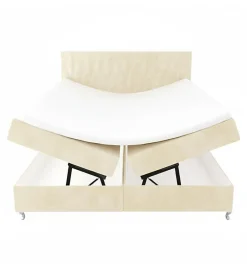 Pro Et Discount Lit Coffre KINGSTON 160x200 cm Velours Beige avec Tete de Lit Matelas Inclus et Rangement Integre