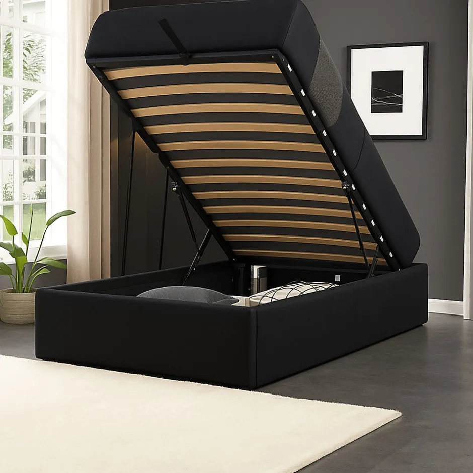 Nuits D'Or Lit coffre noir 90x190 cm - montage rapide - 12 lattes - design moderne - espace de rangement - tendance