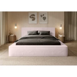 Meublorama Lit coffre ORLANE Rose Poussière de rose polaire 160x200 cm Sommier relevable Design haut de gamme