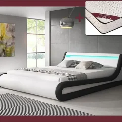 Design Ameublement Lit coffre PARISINA 180x200 cm blanc et noir simili cuir LED Outlet