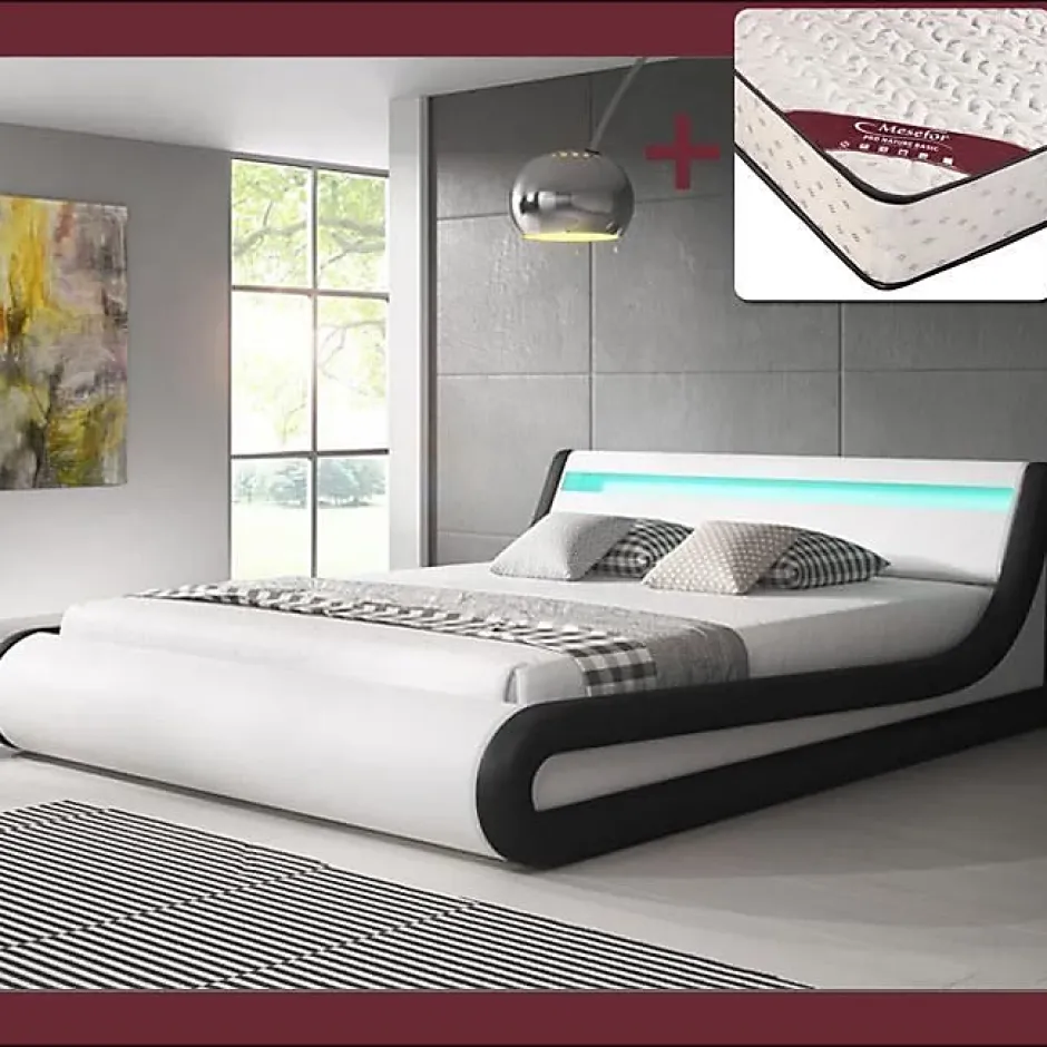 Design Ameublement Lit coffre PARISINA 180x200 cm blanc et noir simili cuir LED Outlet