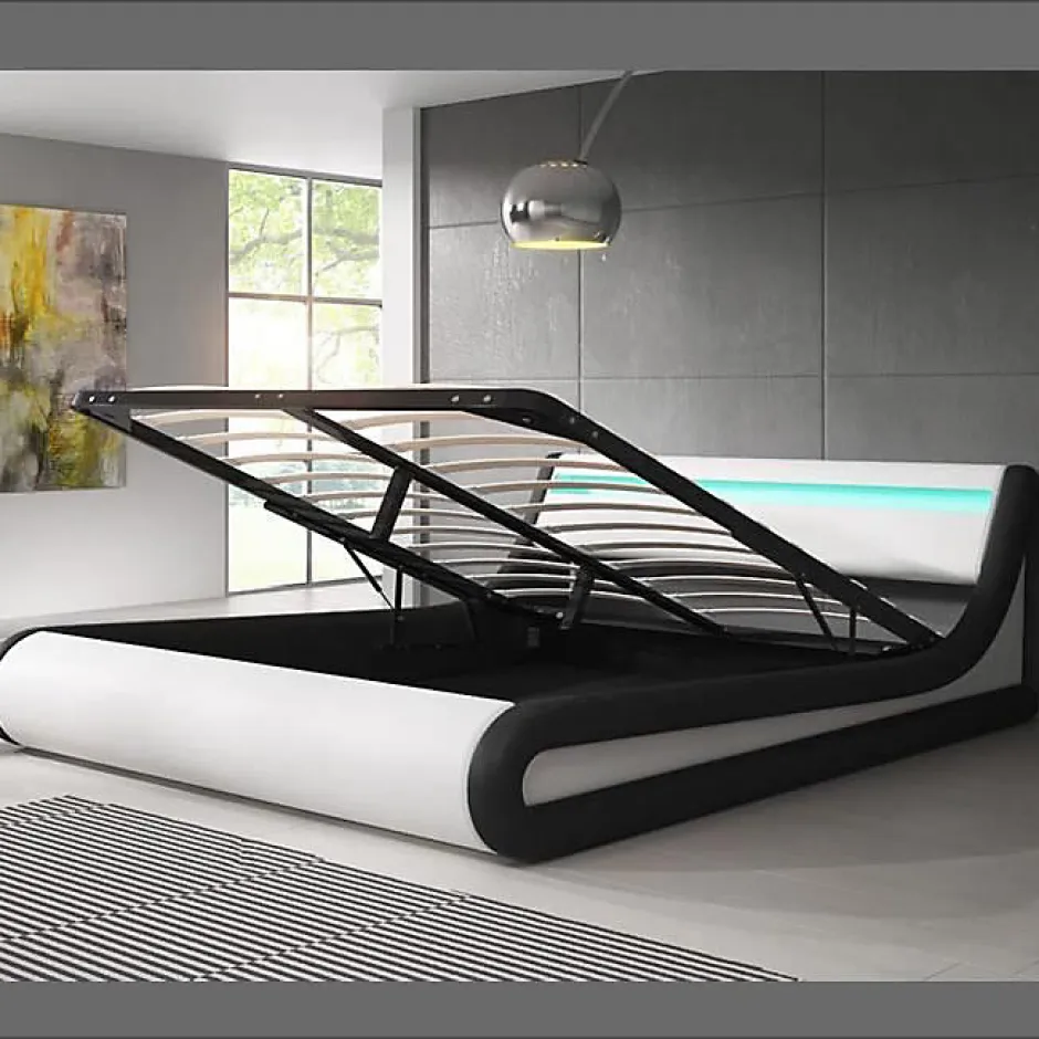 Design Ameublement Lit coffre PARISINA 180x200 cm blanc et noir simili cuir LED Outlet