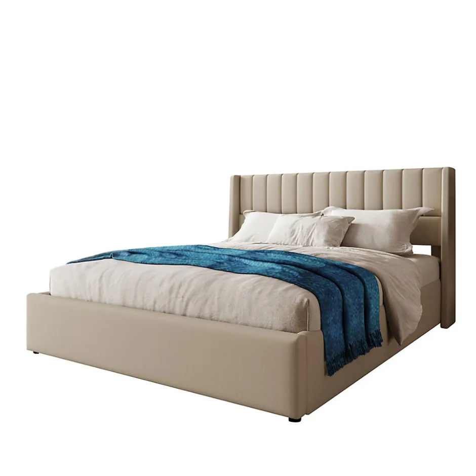 Blackcolors Lit Coffre Rangement Rembourré Hydraulique Sommier Métal 160x200 Lin Beige