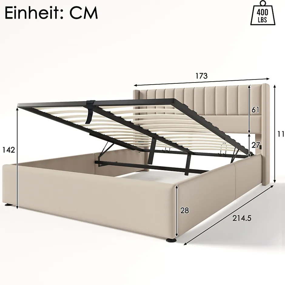 Blackcolors Lit Coffre Rangement Rembourré Hydraulique Sommier Métal 160x200 Lin Beige