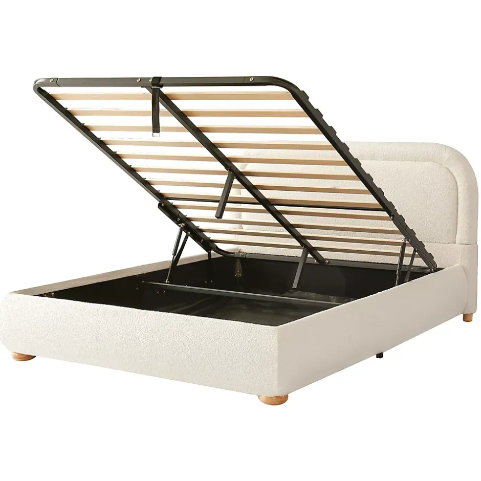 ModernLuxe Lit coffre rembourré 140x190 cm avec rangement - Tête de lit rembourrée - Sommier à lattes - Tissu bouclé - Beige(sans matelas) Outlet