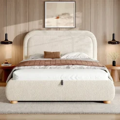 ModernLuxe Lit coffre rembourré 140x190 cm avec rangement - Tête de lit rembourrée - Sommier à lattes - Tissu bouclé - Beige(sans matelas) Outlet