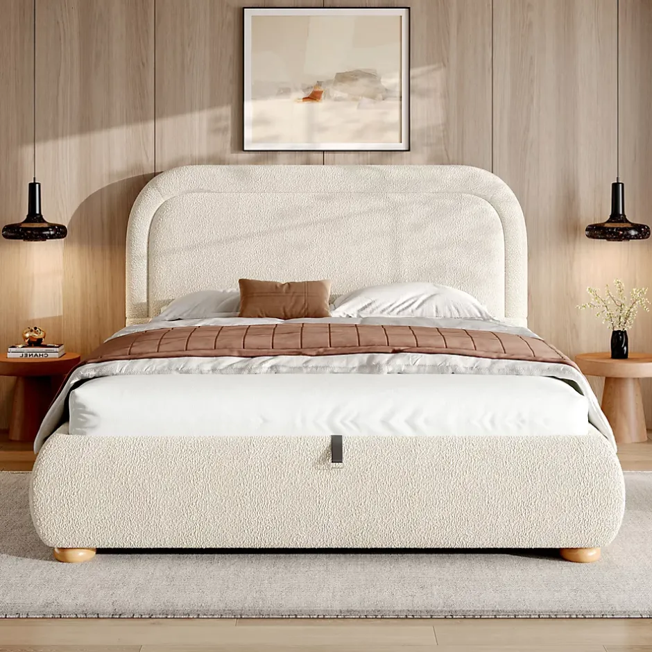 ModernLuxe Lit coffre rembourré 140x190 cm avec rangement - Tête de lit rembourrée - Sommier à lattes - Tissu bouclé - Beige(sans matelas) Outlet