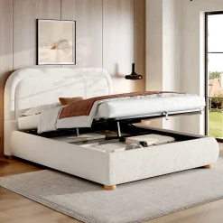 ModernLuxe Lit coffre rembourré 140x190 cm avec rangement - Tête de lit rembourrée - Sommier à lattes - Tissu bouclé - Blanc(sans matelas)