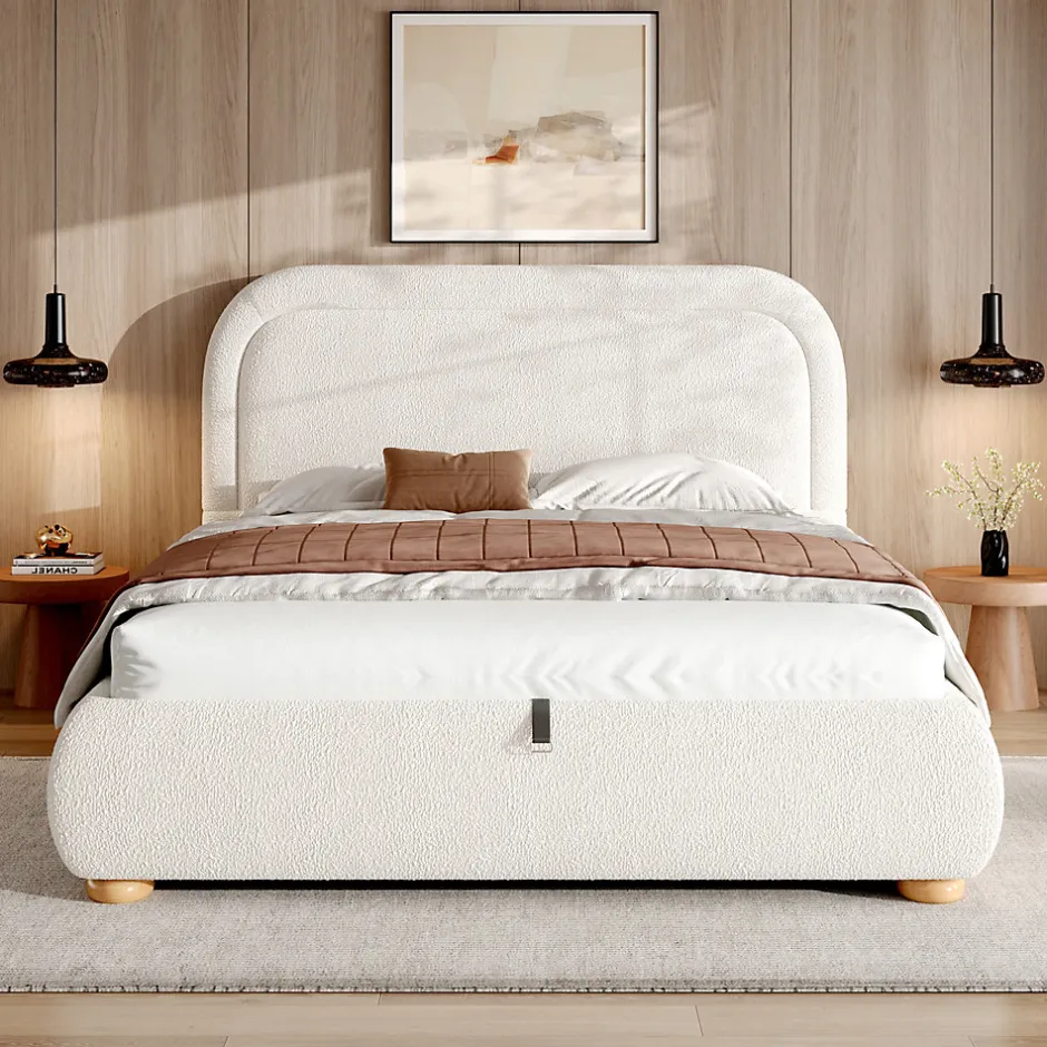 ModernLuxe Lit coffre rembourré 140x190 cm avec rangement - Tête de lit rembourrée - Sommier à lattes - Tissu bouclé - Blanc(sans matelas)