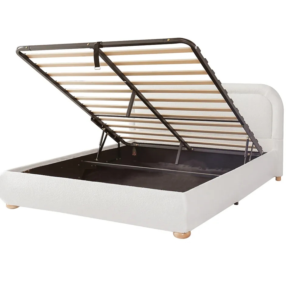 ModernLuxe Lit coffre rembourré 140x190 cm avec rangement - Tête de lit rembourrée - Sommier à lattes - Tissu bouclé - Blanc(sans matelas)