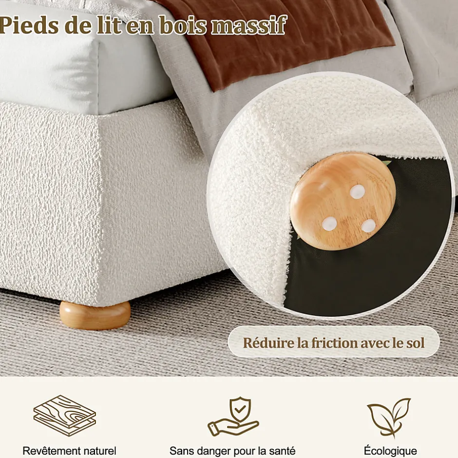 ModernLuxe Lit coffre rembourré 140x190 cm avec rangement - Tête de lit rembourrée - Sommier à lattes - Tissu bouclé - Blanc(sans matelas)