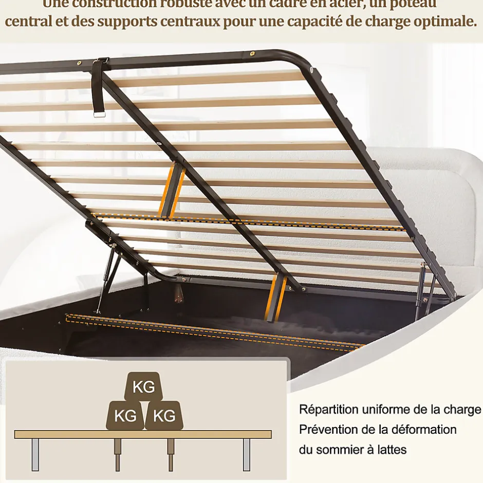 ModernLuxe Lit coffre rembourré 140x190 cm avec rangement - Tête de lit rembourrée - Sommier à lattes - Tissu bouclé - Blanc(sans matelas)