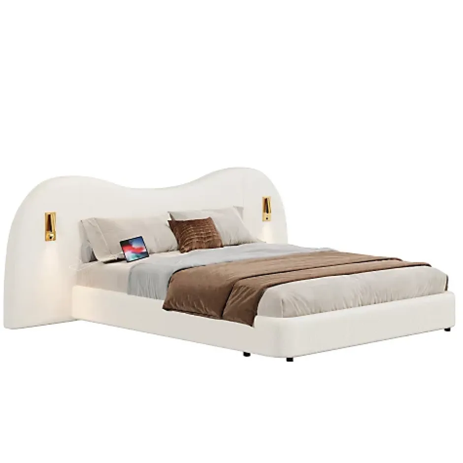 ModernLuxe Lit coffre rembourré 180x200 cm - Avec USB et lampe de lecture - Tête de lit rembourrée - Tissu bouclé - Blanc (sans matelas) Clearance