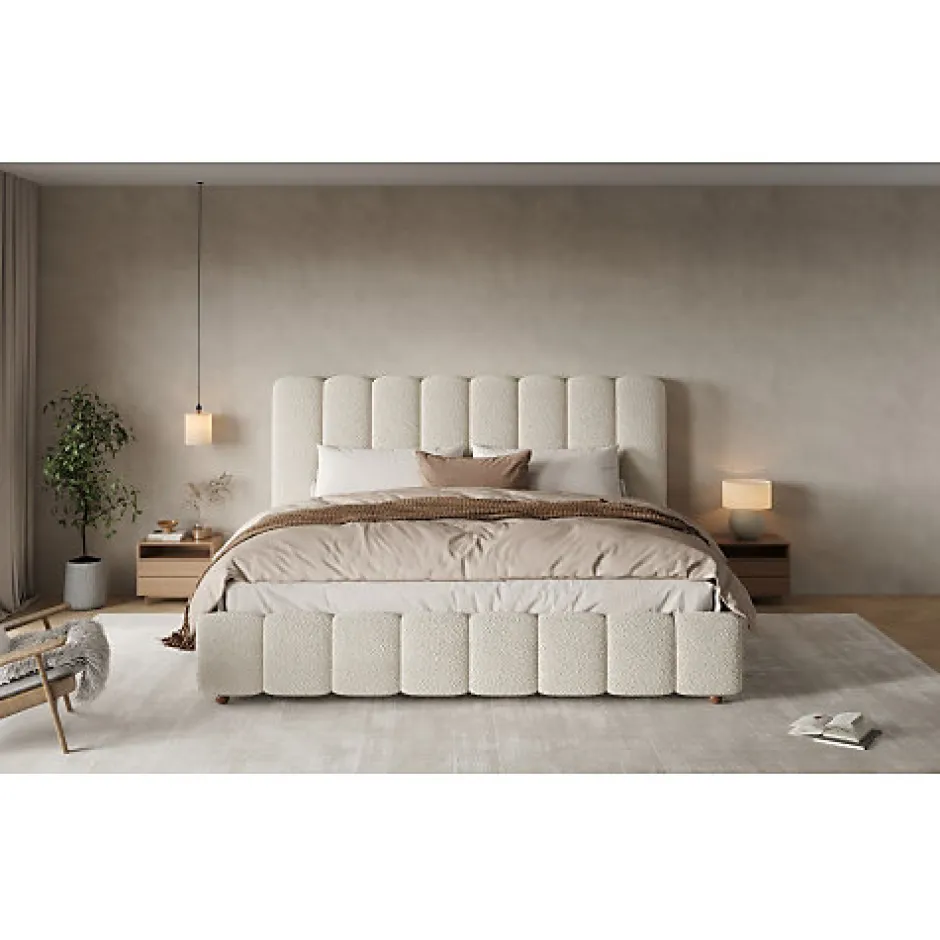 ModernLuxe Lit coffre rembourré 180x200cm - Tête de lit rembourrée - Rangement sous le lit - Sommier à lattes - Bouclé - Blanc(sans matelas)