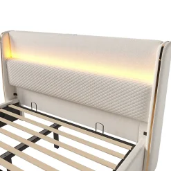 ModernLuxe Lit coffre rembourré 140x200cm avec éclairage LED - ports USB et Type-C - tissu en Lin - Beige (sans matelas)