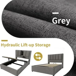 ModernLuxe Lit coffre rembourré 90x200cm avec porte-gobelet - ports USB et Type-C - avec sommier à lattes - Lin - Gris (sans matelas) New