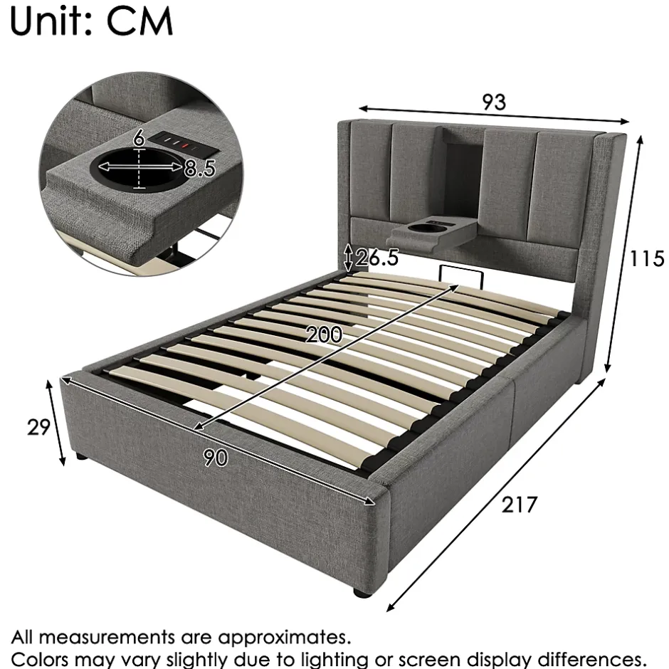 ModernLuxe Lit coffre rembourré 90x200cm avec porte-gobelet - ports USB et Type-C - avec sommier à lattes - Lin - Gris (sans matelas) New