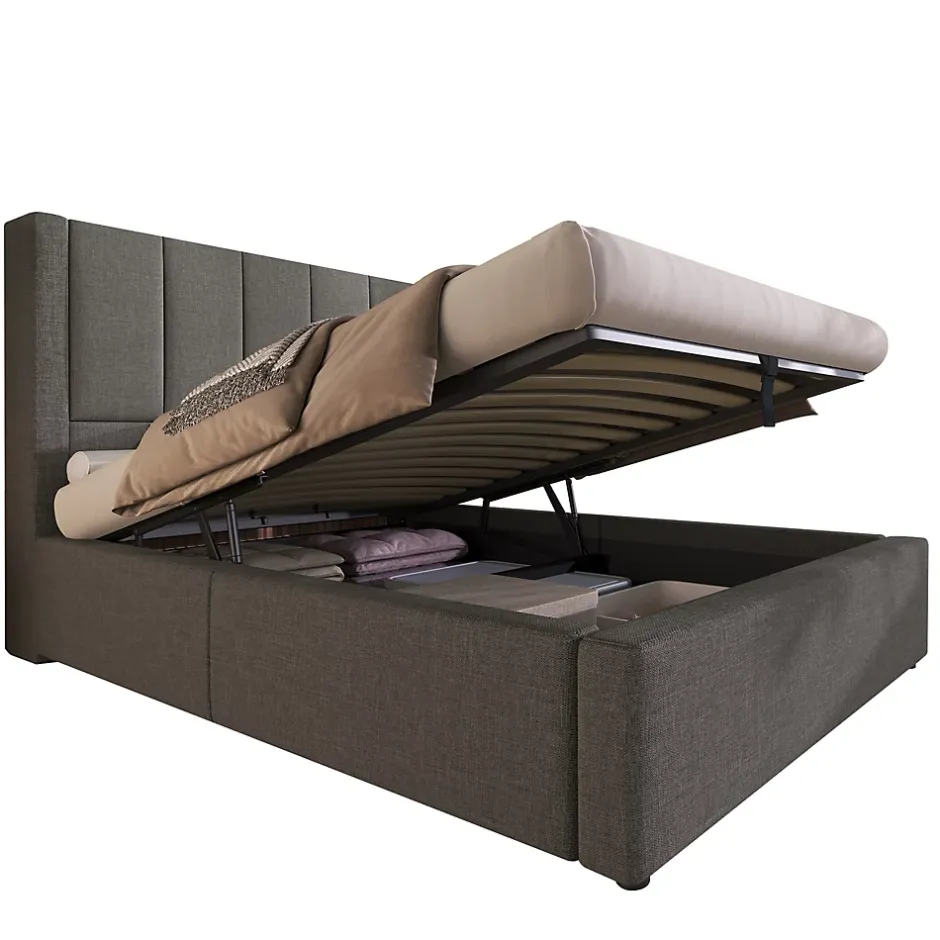 ModernLuxe Lit coffre rembourré 90x200cm avec porte-gobelet - ports USB et Type-C - avec sommier à lattes - Lin - Gris (sans matelas) New