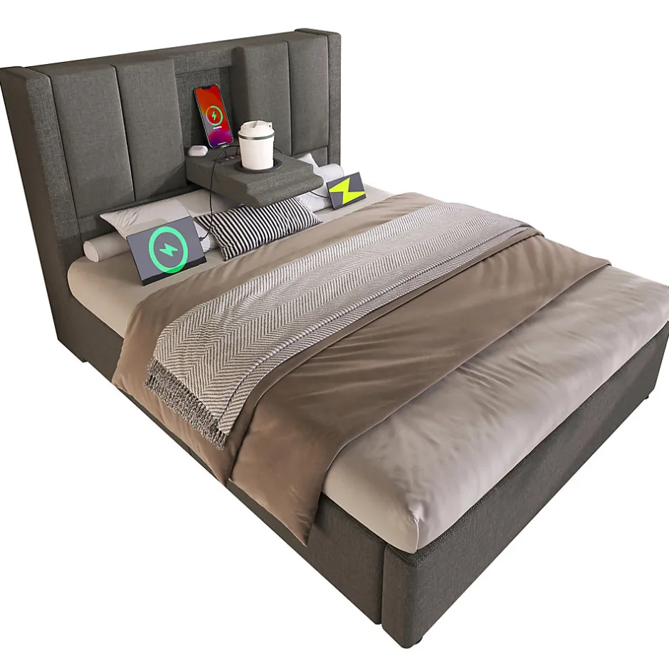 ModernLuxe Lit coffre rembourré 90x200cm avec porte-gobelet - ports USB et Type-C - avec sommier à lattes - Lin - Gris (sans matelas) New