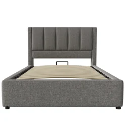ModernLuxe Lit coffre rembourré 90x200cm avec porte-gobelet - ports USB et Type-C - avec sommier à lattes - Lin - Gris (sans matelas) New