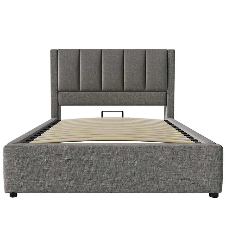 ModernLuxe Lit coffre rembourré 90x200cm avec porte-gobelet - ports USB et Type-C - avec sommier à lattes - Lin - Gris (sans matelas) New