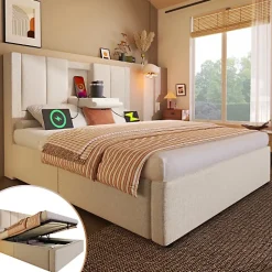 ModernLuxe Lit coffre rembourré 90x200cm avec porte-gobelet - ports USB et Type-C - avec sommier à lattes - Lin - Beige (sans matelas) Online