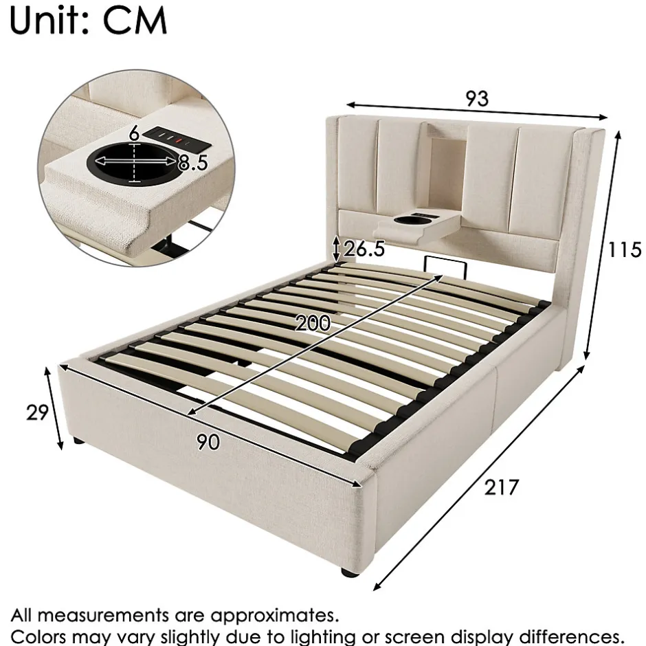 ModernLuxe Lit coffre rembourré 90x200cm avec porte-gobelet - ports USB et Type-C - avec sommier à lattes - Lin - Beige (sans matelas) Online