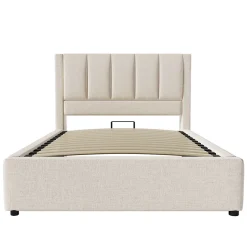 ModernLuxe Lit coffre rembourré 90x200cm avec porte-gobelet - ports USB et Type-C - avec sommier à lattes - Lin - Beige (sans matelas) Online