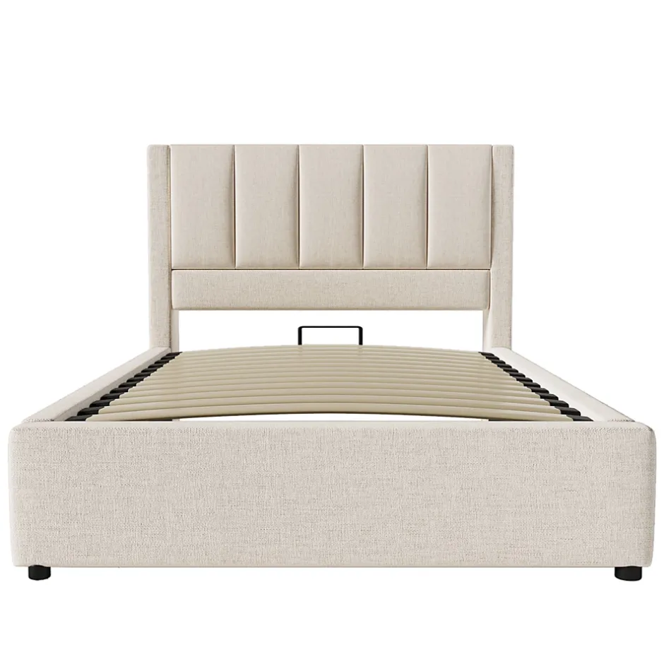 ModernLuxe Lit coffre rembourré 90x200cm avec porte-gobelet - ports USB et Type-C - avec sommier à lattes - Lin - Beige (sans matelas) Online