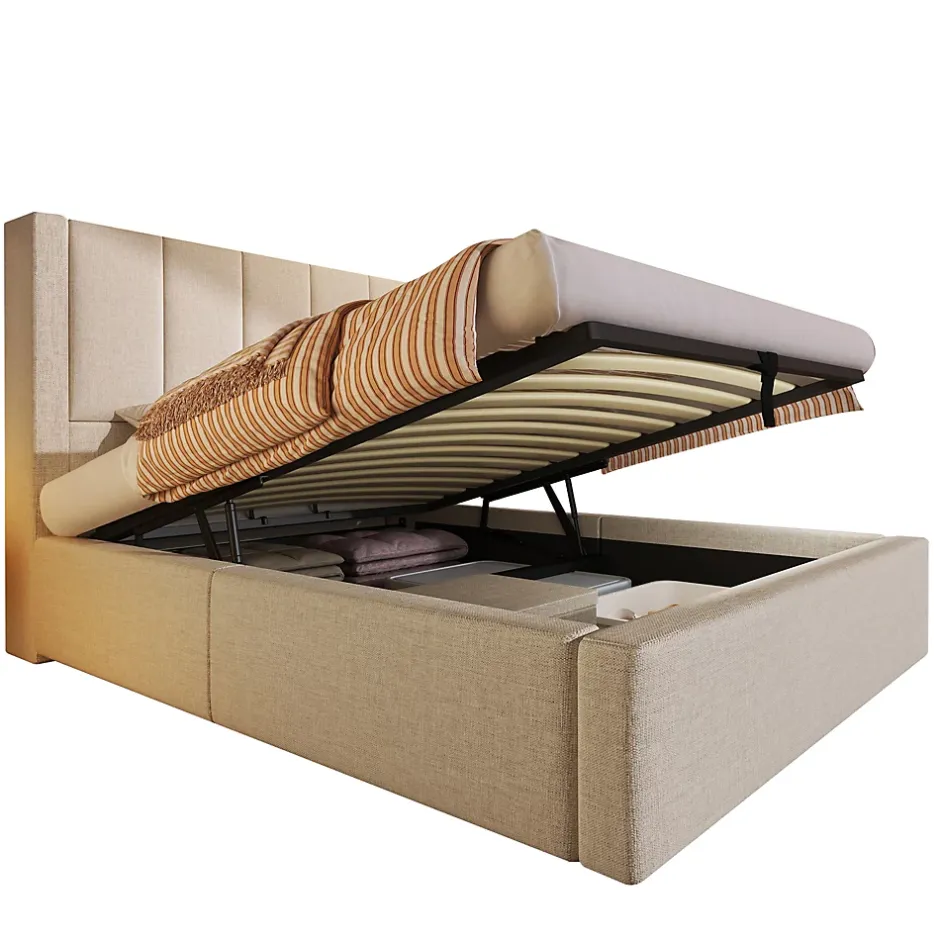 ModernLuxe Lit coffre rembourré 90x200cm avec porte-gobelet - ports USB et Type-C - avec sommier à lattes - Lin - Beige (sans matelas) Online