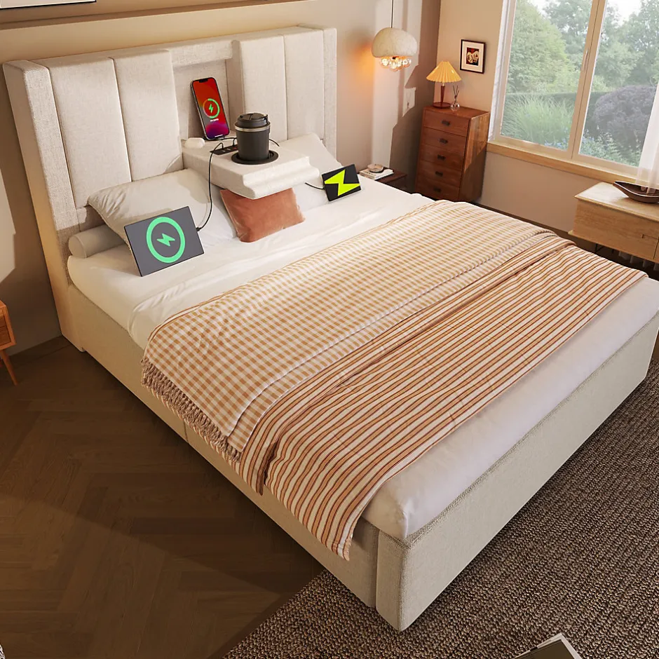 ModernLuxe Lit coffre rembourré 90x200cm avec porte-gobelet - ports USB et Type-C - avec sommier à lattes - Lin - Beige (sans matelas) Online