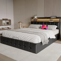 Simple Life Lit coffre rembourré 140x200cm en tissu de pu - avec LED et port de charge - avec sommier à lattes - Noir