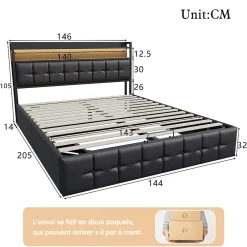 Simple Life Lit coffre rembourré 140x200cm en tissu de pu - avec LED et port de charge - avec sommier à lattes - Noir