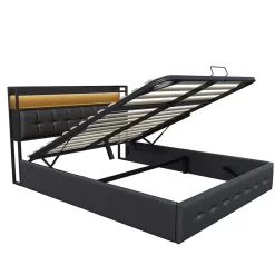 Simple Life Lit coffre rembourré 140x200cm en tissu de pu - avec LED et port de charge - avec sommier à lattes - Noir