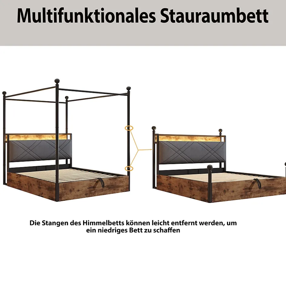 Okwish Lit Coffre Simple 90x190 cm - Baldaquin et Éclairage LED, Rangement Hydraulique Sous Sommier, Ports USB/Type-C, Sans Matelas, Noir Hot