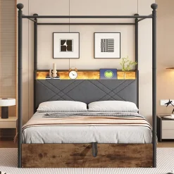 Okwish Lit Coffre Simple 90x190 cm - Baldaquin et Éclairage LED, Rangement Hydraulique Sous Sommier, Ports USB/Type-C, Sans Matelas, Noir Hot