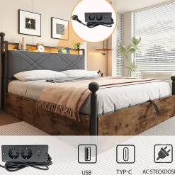 Okwish Lit Coffre Simple 90x190 cm - Baldaquin et Éclairage LED, Rangement Hydraulique Sous Sommier, Ports USB/Type-C, Sans Matelas, Noir Hot